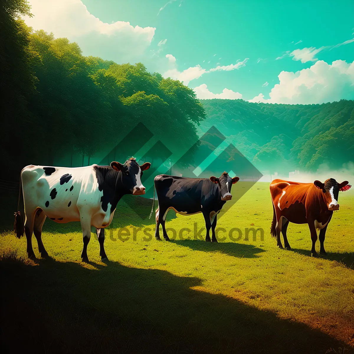 Picture of Serene Countryside Grazing: Rural Meadow with Horses and Cattle