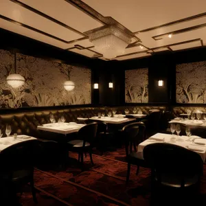 Modern luxury restaurant interior with wooden furniture and window view