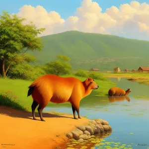 Serene Summer Scene: Lake, Mountains, and Horses Grazing