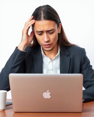 Happy businessman working on laptop in modern office setting.