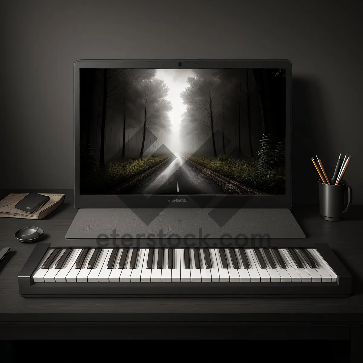 Picture of Black Upright Piano with Digital Keyboard and Screen