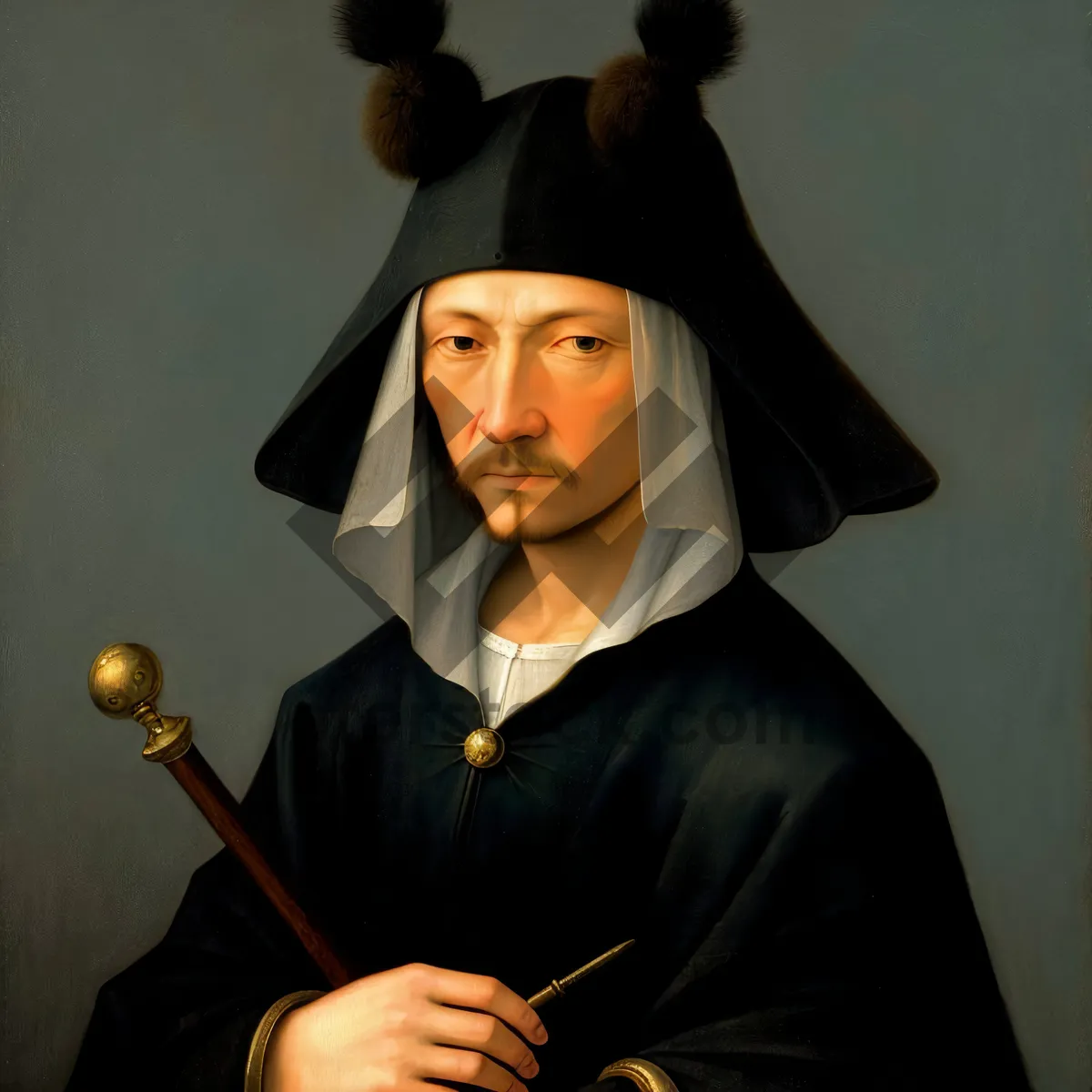 Picture of Man holding plunger and hammer with hat portrait portrait.