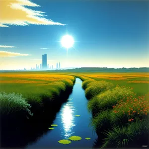 Serenity of Rural Sunset Over Meadow by Lake