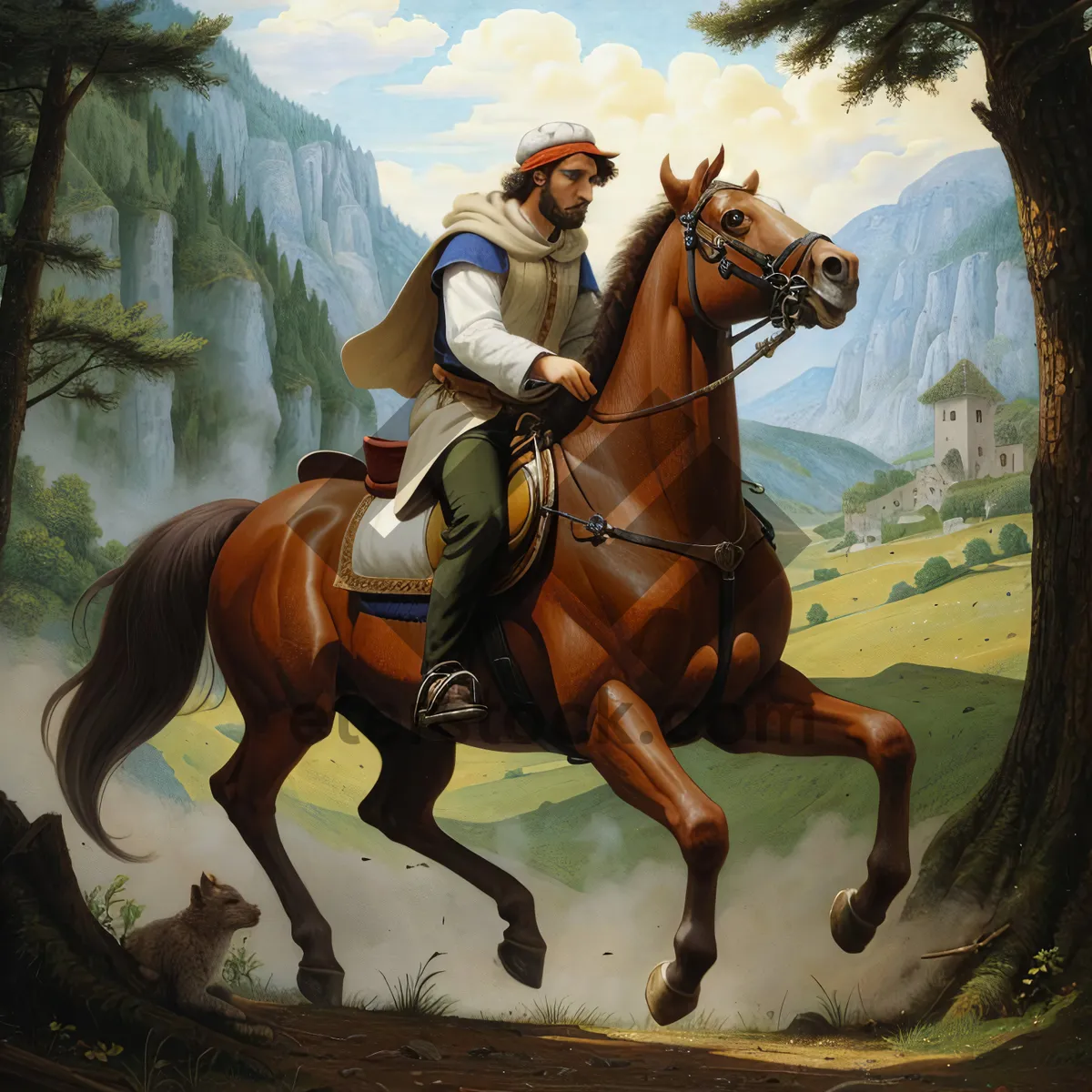 Picture of Cowboy riding a stallion with stock saddle