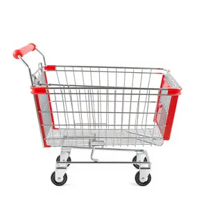 Supermarket shopping cart with metal wheels on white background