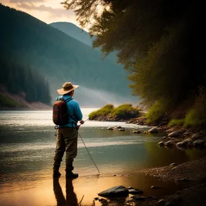 Serene Fisherman at Lakeside Sunset