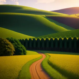 Rural Road Sunset Over Scenic Meadow