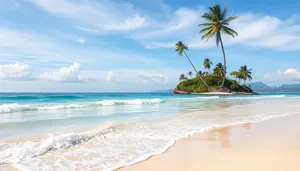 Tropical paradise with palm trees and turquoise water.