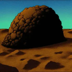 Golf ball on sandy soil with sky backdrop