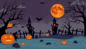 Spooky Halloween Night Silhouette with Pumpkin and Bat