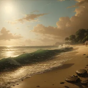 Sunset Beach Paradise: Serene Oceanside with Tropical Waves
