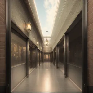 Modern urban prison corridor with impressive architecture and strong perspective.