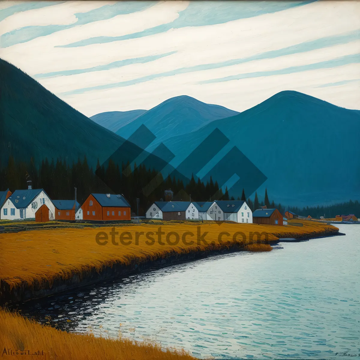 Picture of Serene Waterside Journey amid Majestic Mountains
