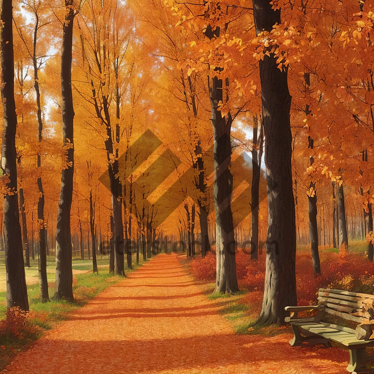 Picture of Golden Autumn Path through Colorful Woods