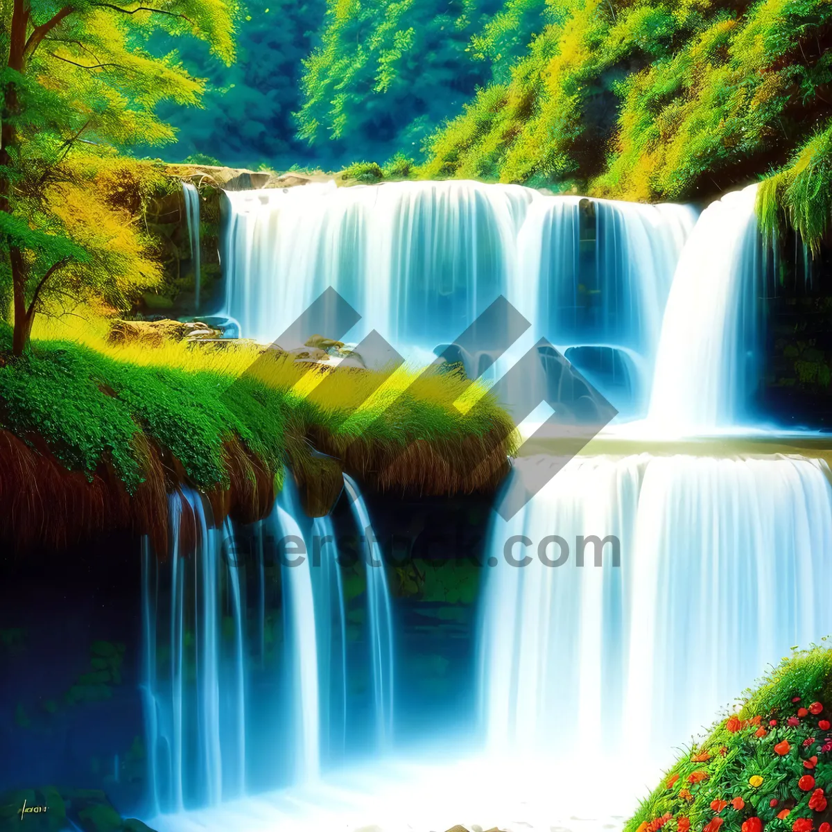 Picture of Serene cascading waterfall amidst lush forest landscape