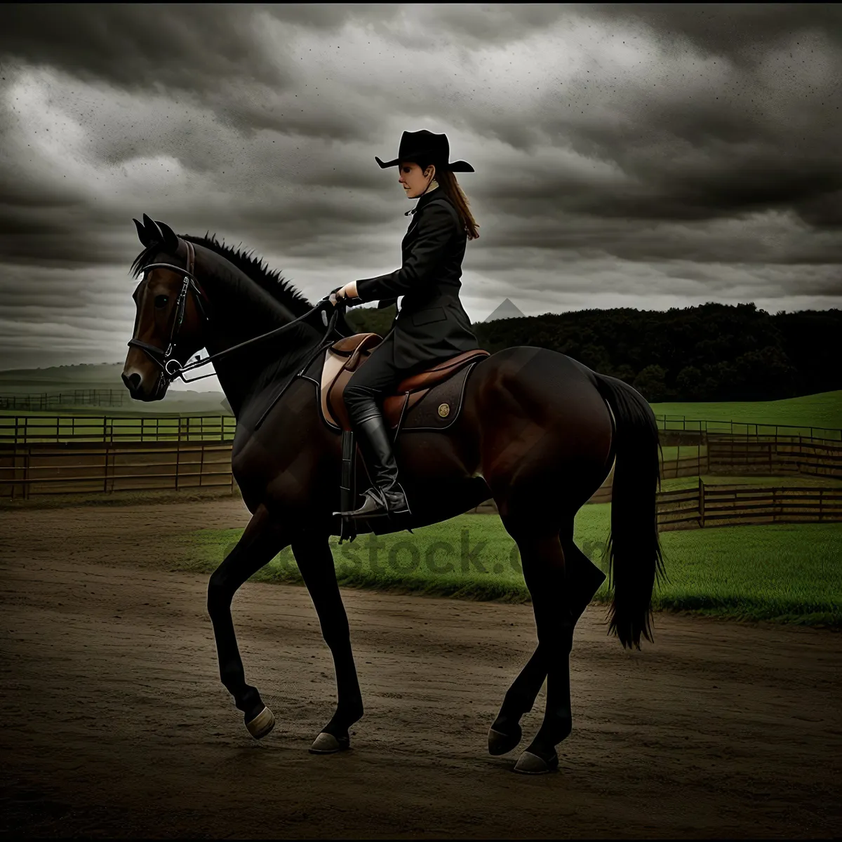 Picture of Thoroughbred Horseback Race with Jockey on Grass