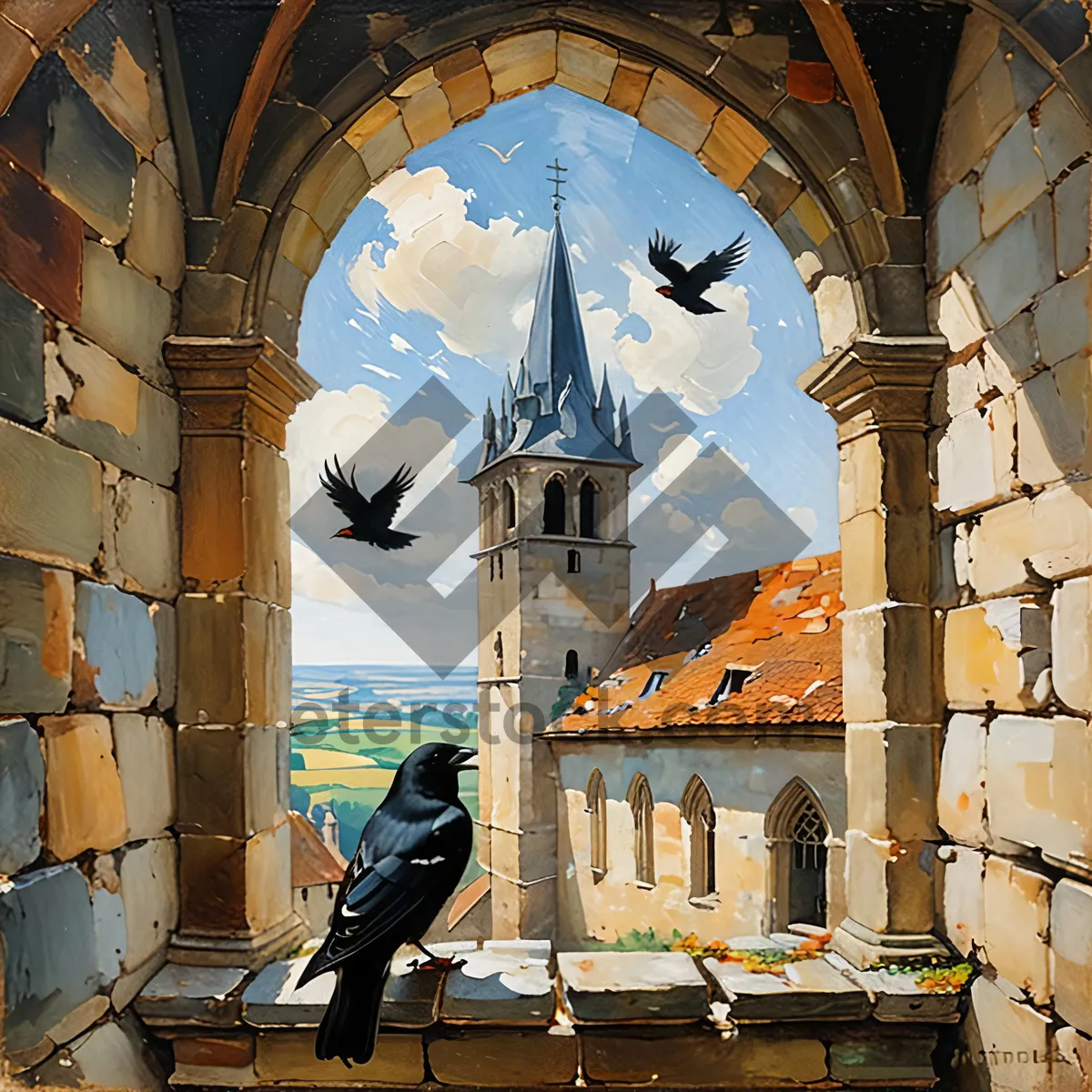 Picture of Historic Cathedral Tower in Old English Townsky.