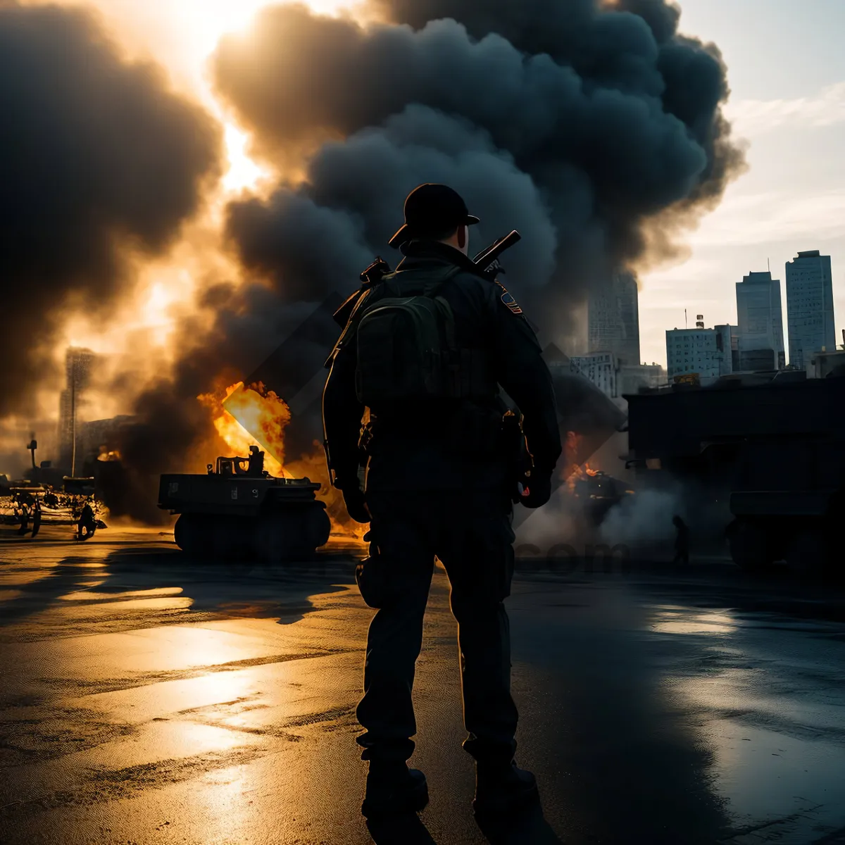 Picture of Silhouetted man with chemical weapon under setting sun