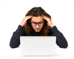 Attractive brunette businesswoman working on laptop in office.