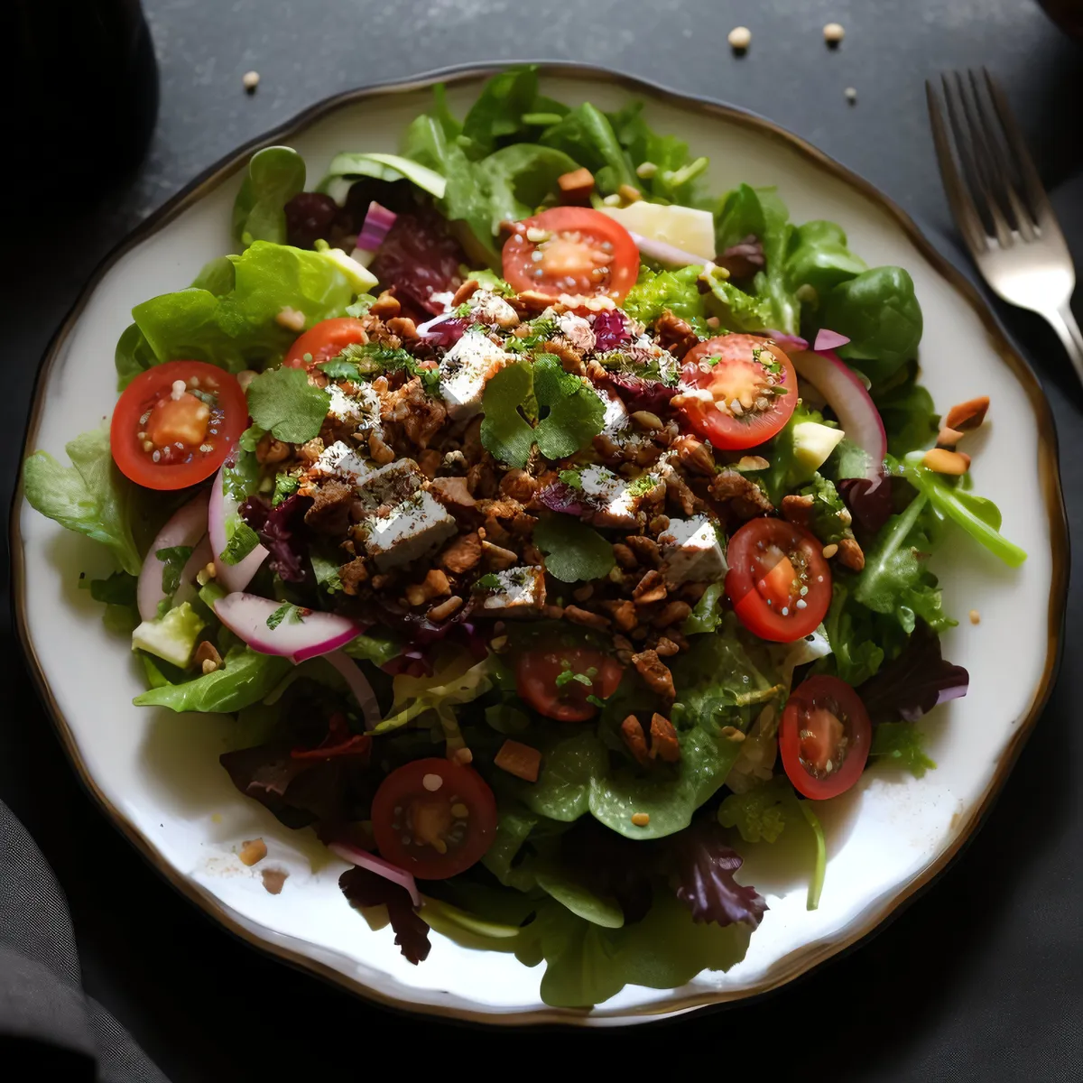 Picture of Healthy Vegetarian Salad with Fresh Tomatoes and Cheese