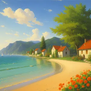 Tropical paradise beach with palm trees and waves