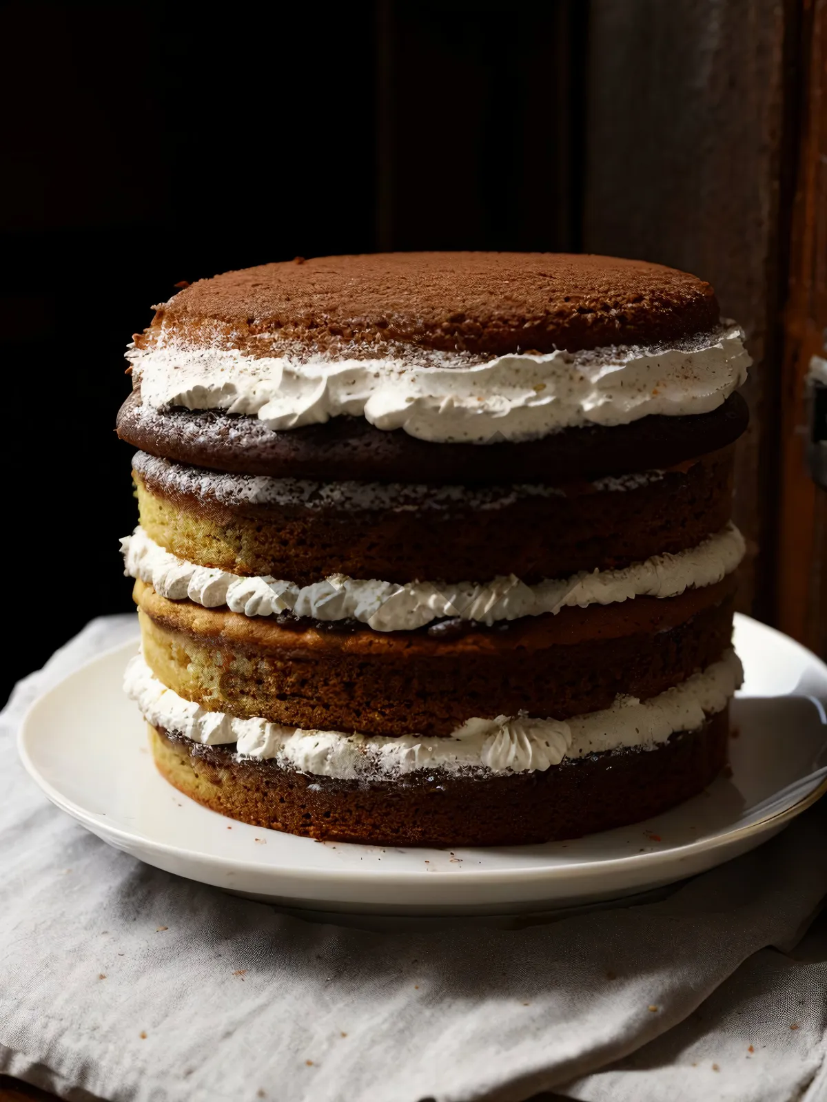 Picture of Delicious Chocolate Cake Slice with Cream Swirls