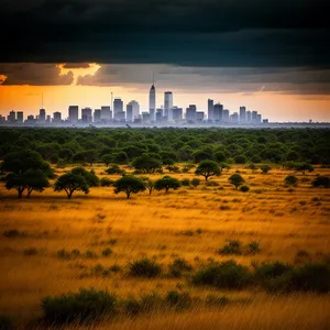 Stunning City Skyline at Sunset over Beach