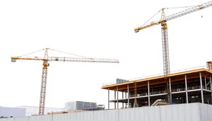 Industrial Crane Hoisting Steel Beams on Construction Site.