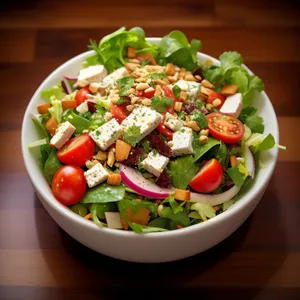 Delicious gourmet salad with fresh vegetables and dressing