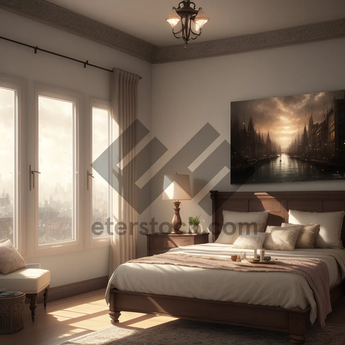 Picture of Modern Bedroom Interior with Comfortable Furniture and Stylish Décor