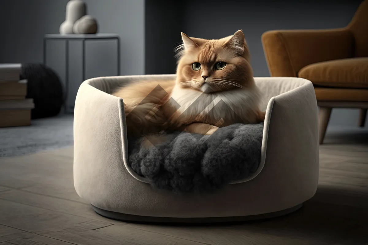 Picture of Pretty Domestic Feline Resting on Striped Armchair