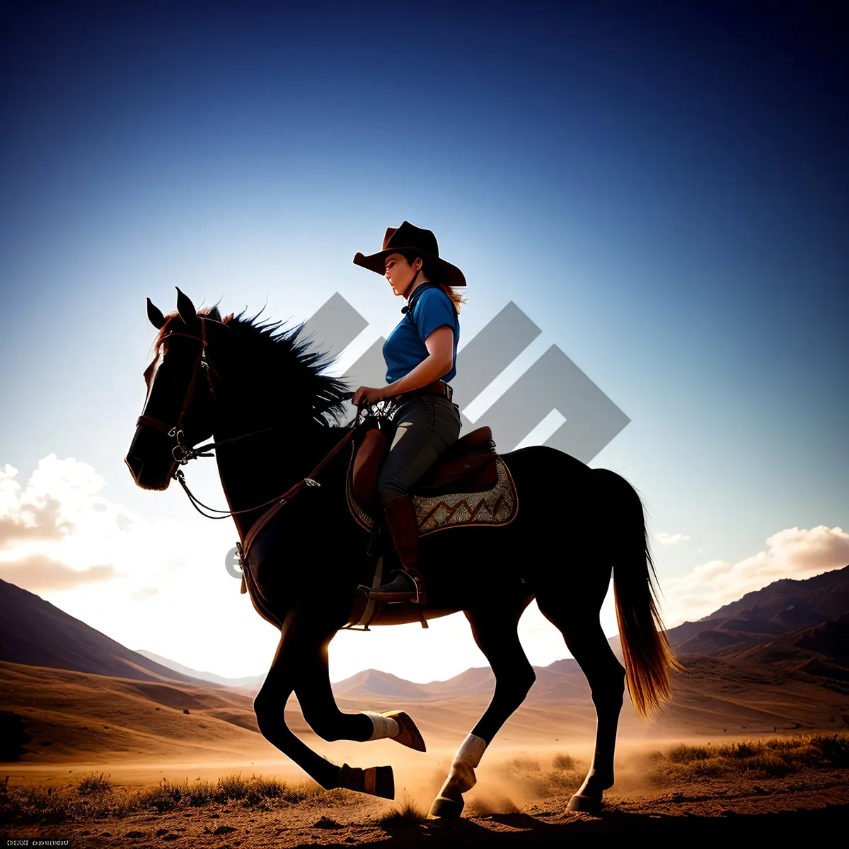 Picture of Silhouette of Active Stallion Vaulting at Sunset