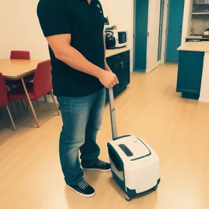 Golfer vacuuming grass with club cleaner at home turf.