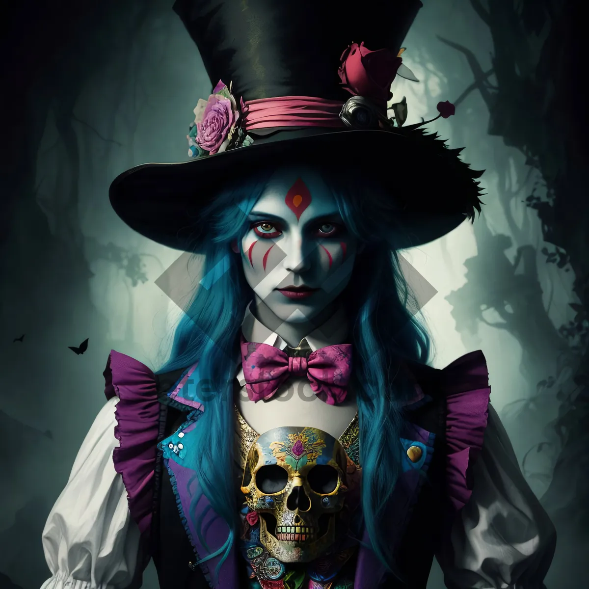 Picture of Fashionable Black Sorcerer Lady in Costume with Makeup