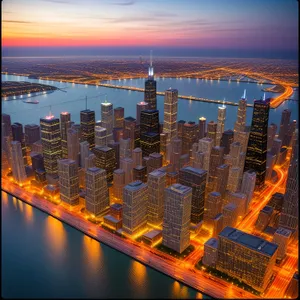 Dazzling Night Skyline Over River and Skyscrapers