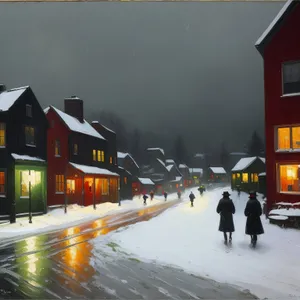 Nighttime Winter Cityscape with Snowy Streets