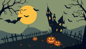 Nighttime Halloween Moon Cartoon Cemetery Scene with Pumpkins