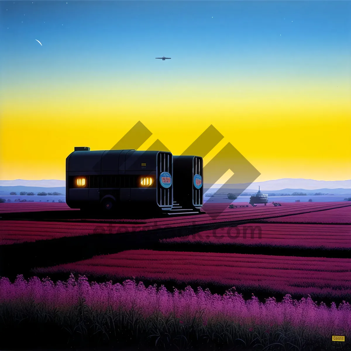 Picture of Tranquil sunset over rural meadow and trailer truck