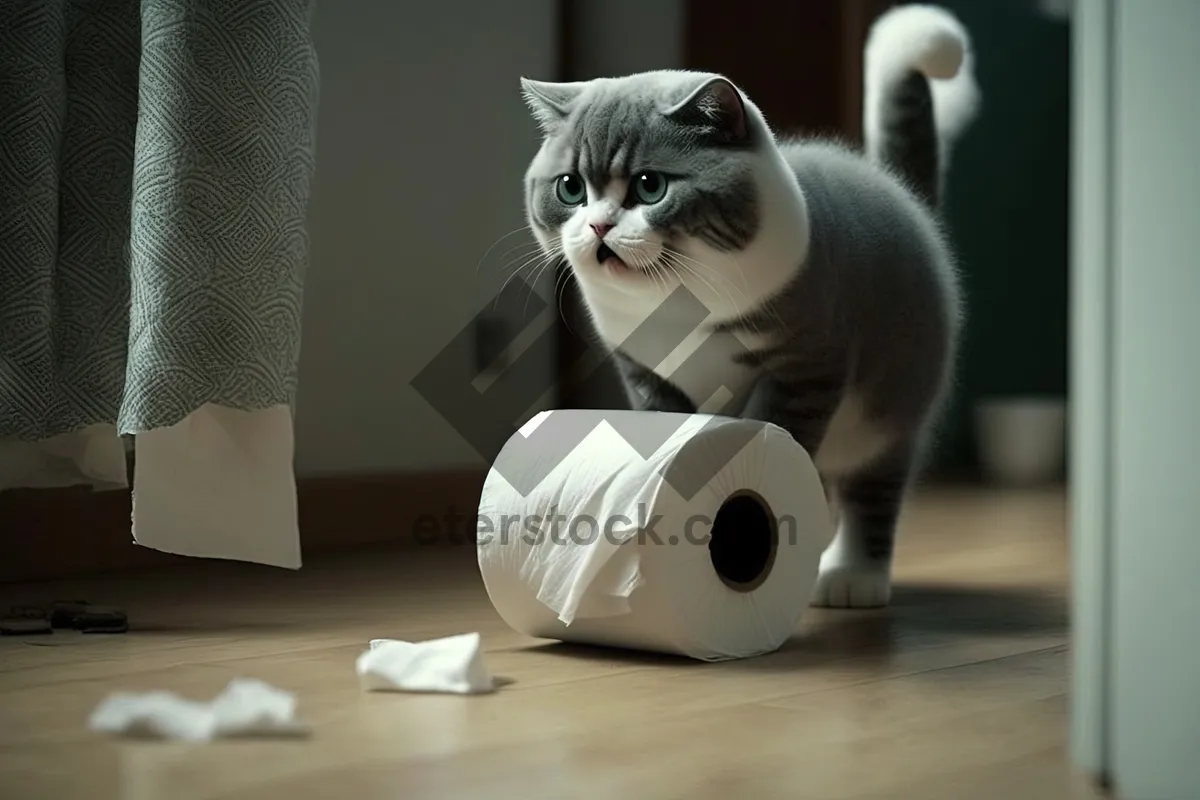 Picture of Fluffy Cat With Whiskers Playing with Toilet Tissue