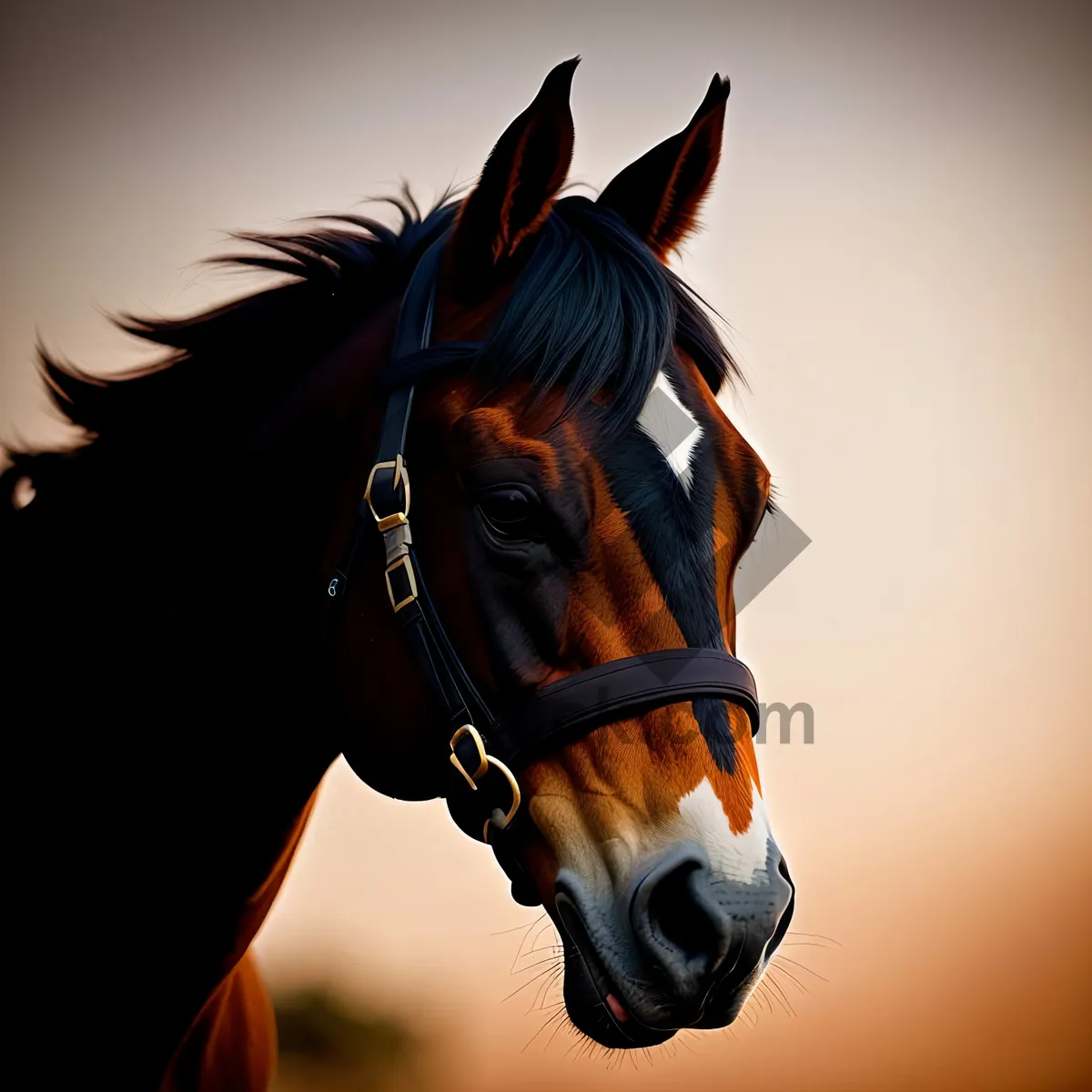 Picture of Brown stallion with bridle and mane in field