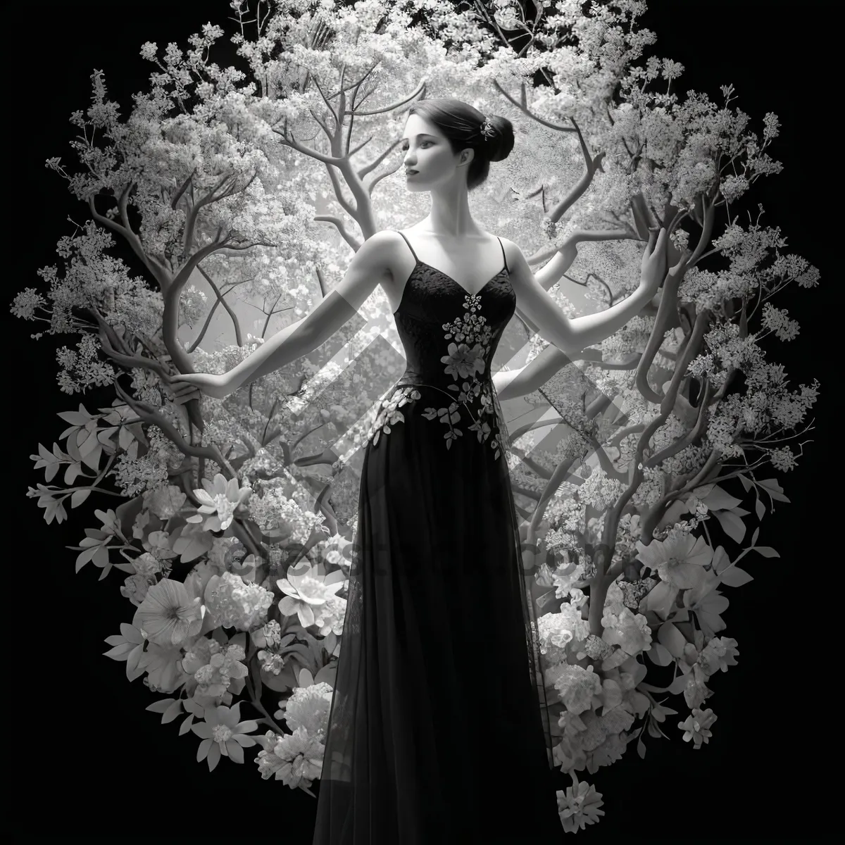 Picture of Elegant bride in wedding gown holding bouquet of flowers