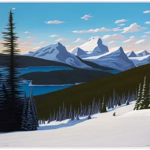Winter Wonderland: Majestic snow-covered mountain landscape framed by towering trees.