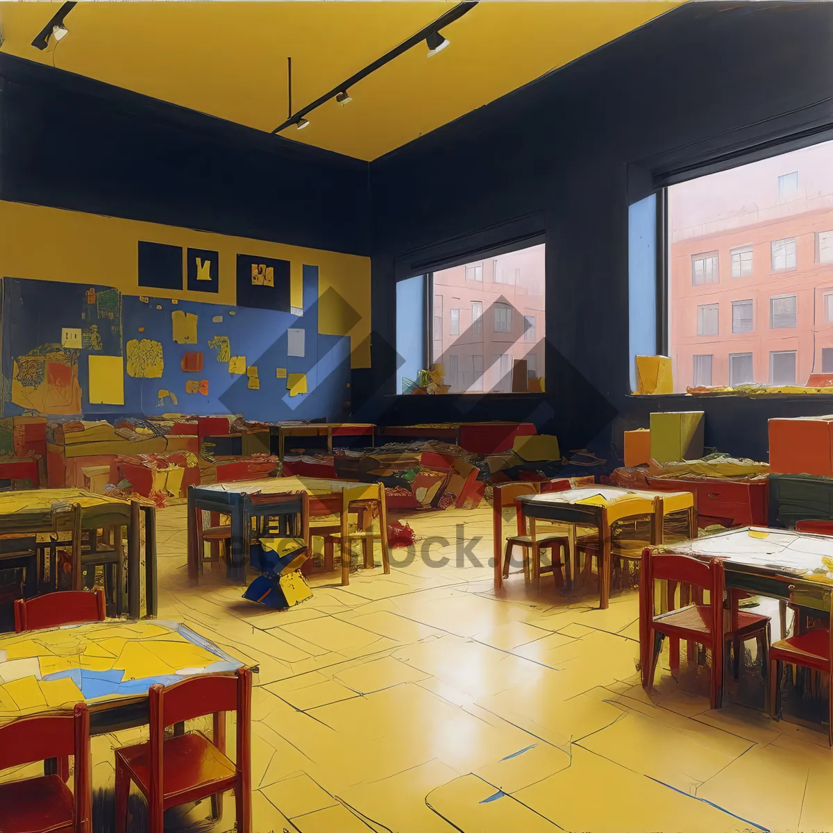 Picture of Modern cafe interior with stylish furniture and wooden accents.