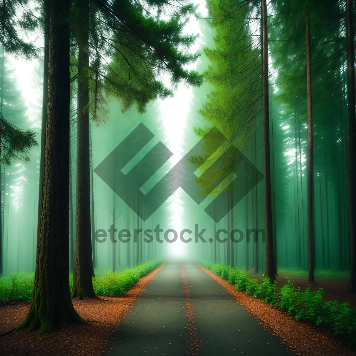 Picture of Sunlit Pathway Through Woods in a Scenic Forest