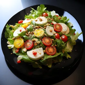 Fresh vegetable salad with gourmet cheese and olives.