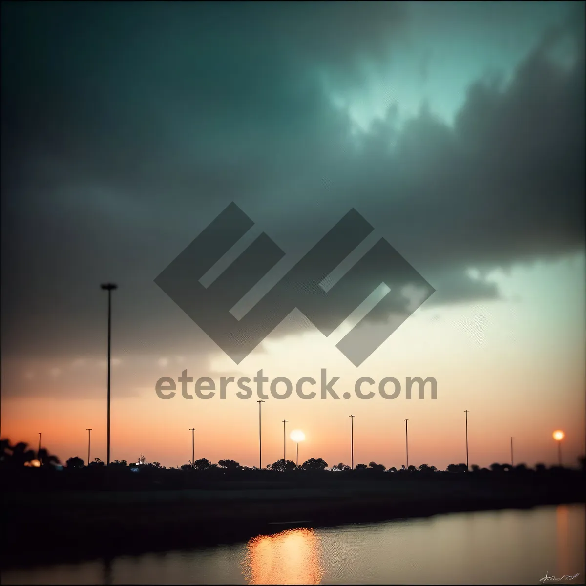 Picture of Serene Sunset Reflection on Waterfront Pier