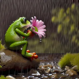 Green Frog Holding a Pink Daisy