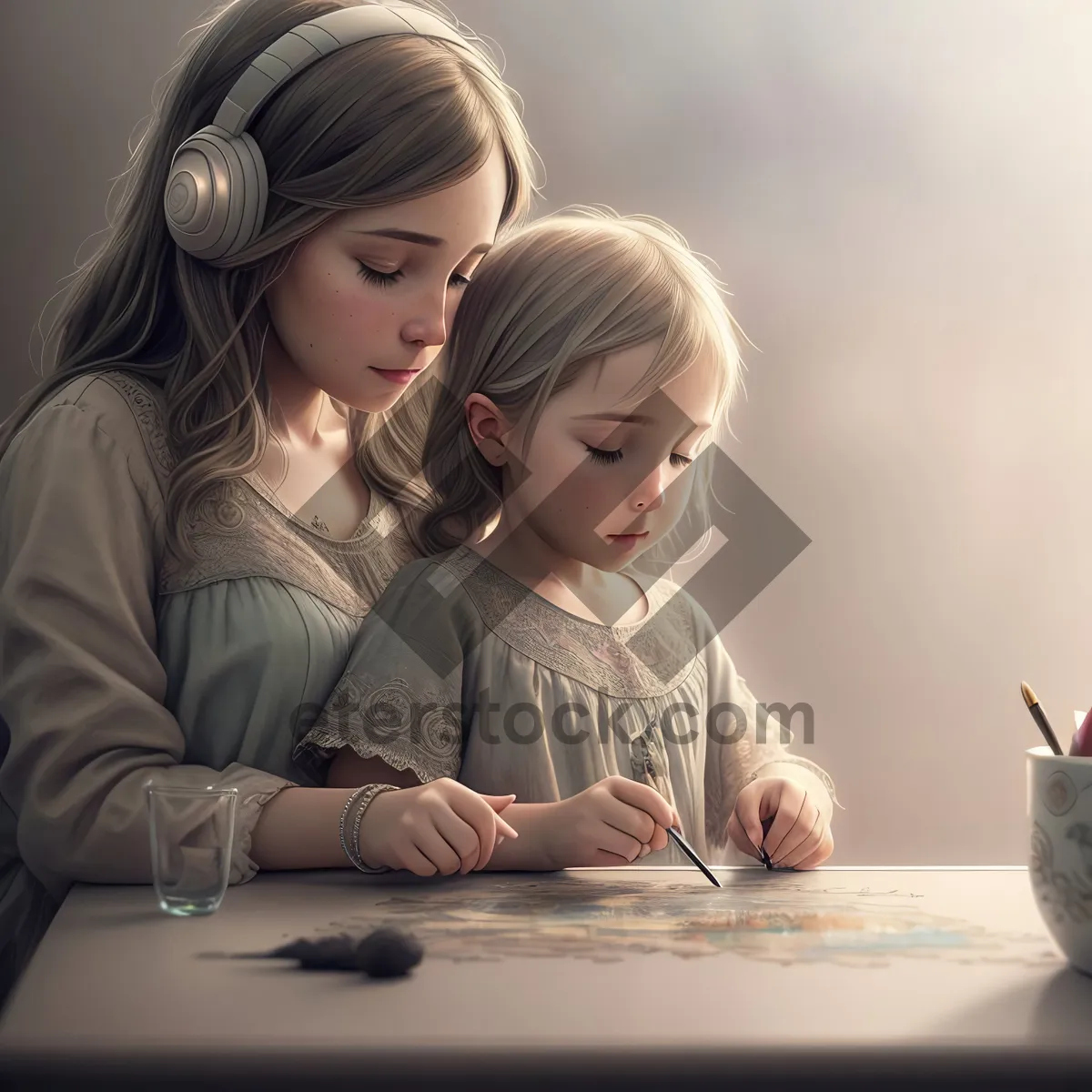 Picture of Cute Happy Mother and Child Learning Together with Laptop