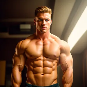 Powerful Male Athlete Flexing Muscles in Gym