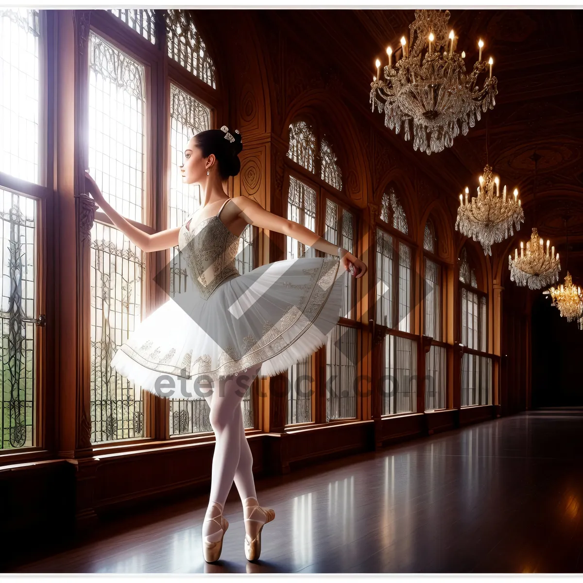 Picture of Spiraling Dancer gracefully supported by balustrade in architectural marvel